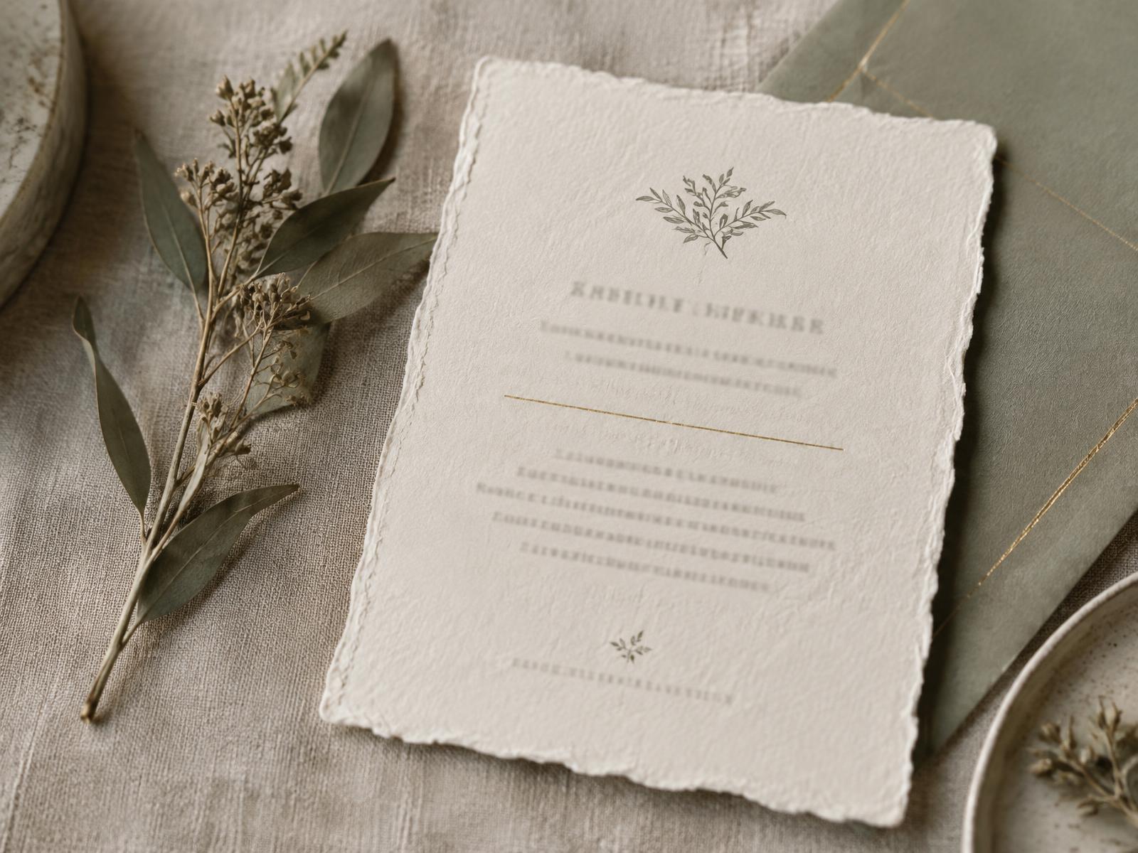 A letterpress ceremony certificate on ivory handmade paper beside dried sage leaves